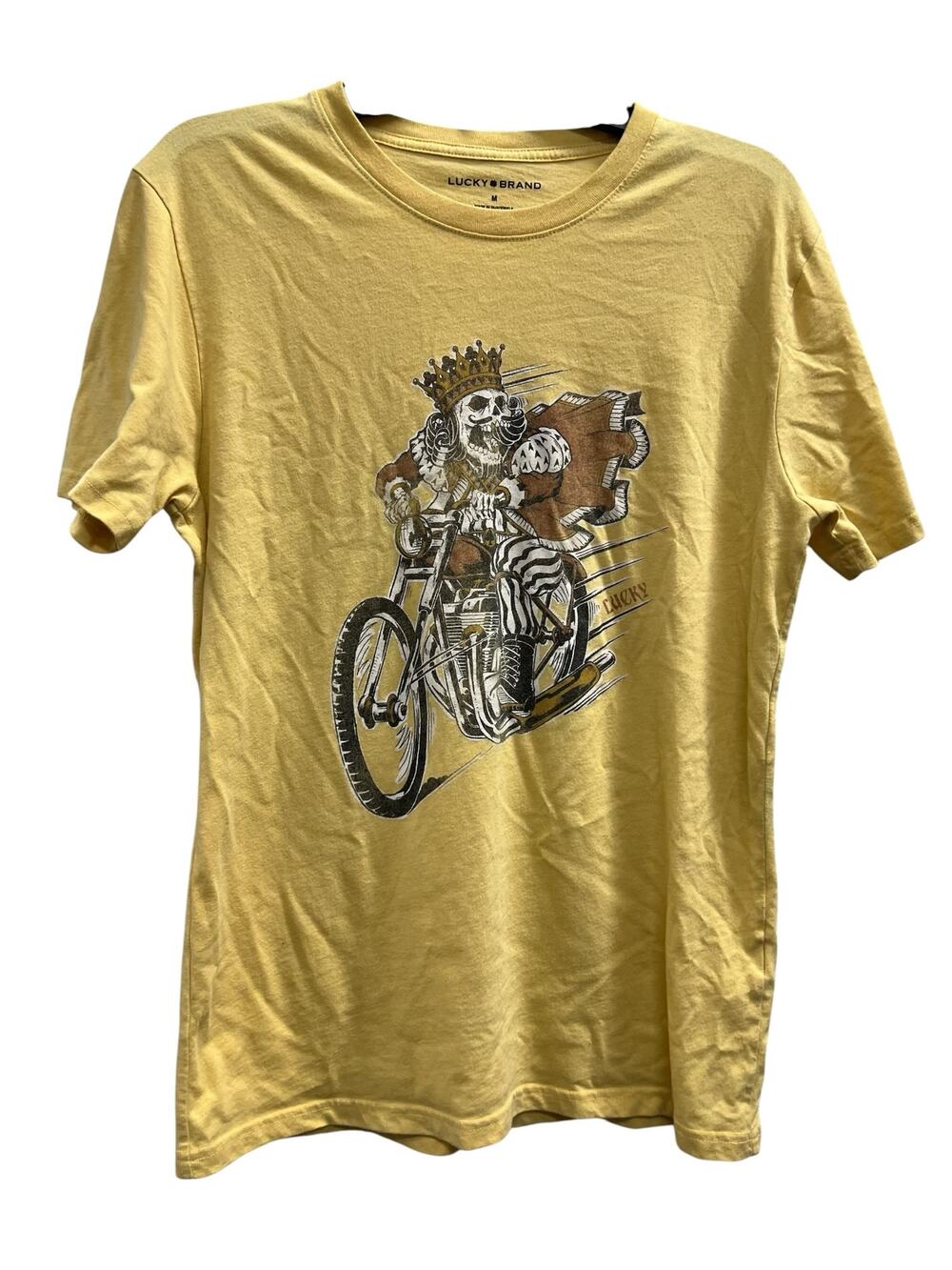 Lucky Brand yellow t-shirt skeleton wearing a crown riding a motorcycle sz M